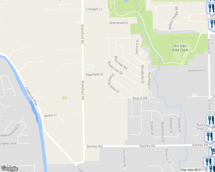 map of restaurants, bars, coffee shops, grocery stores, and more near 6107 Imperial Hills Drive in Dayton