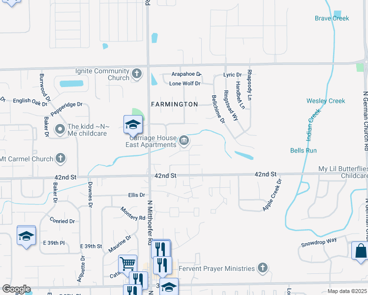 map of restaurants, bars, coffee shops, grocery stores, and more near 10174 Tinton Court in Indianapolis