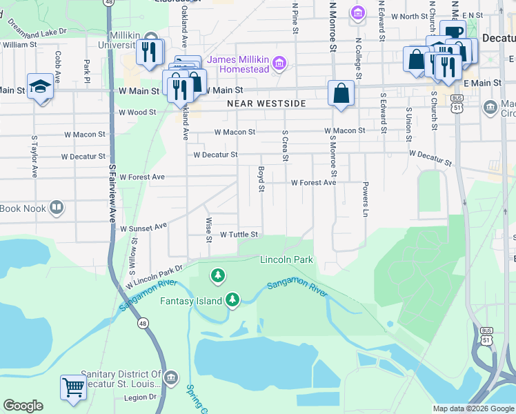 map of restaurants, bars, coffee shops, grocery stores, and more near 1 Lincoln Place in Decatur