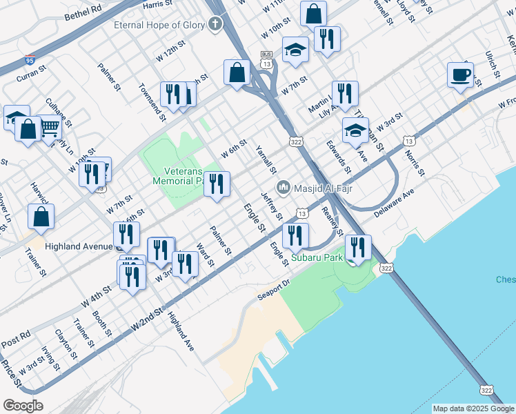 map of restaurants, bars, coffee shops, grocery stores, and more near 2120 West 3rd Street in Chester