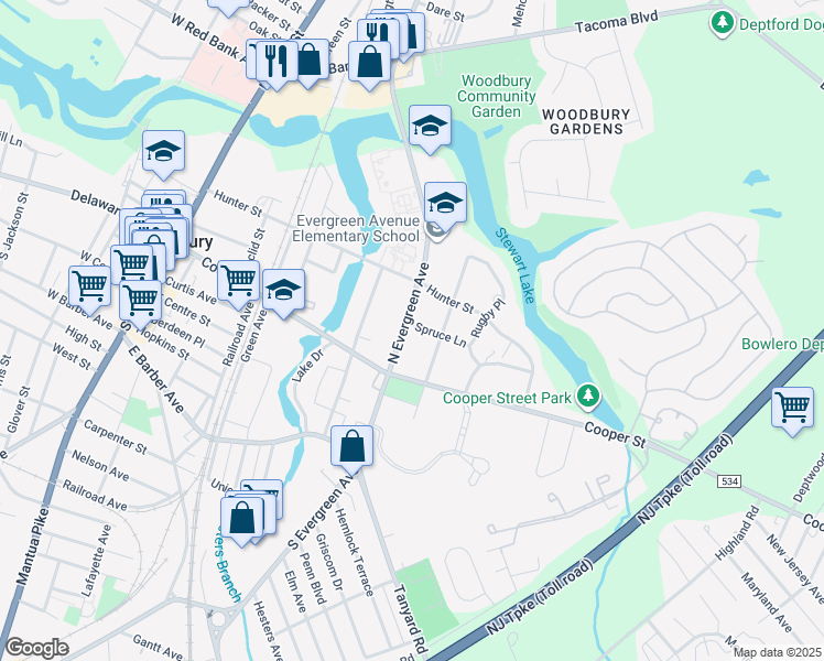 map of restaurants, bars, coffee shops, grocery stores, and more near 50 North Evergreen Avenue in Woodbury
