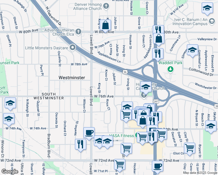 map of restaurants, bars, coffee shops, grocery stores, and more near 7650 Knox Court in Westminster