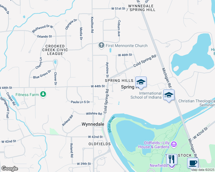 map of restaurants, bars, coffee shops, grocery stores, and more near 4401 Cold Spring Road in Indianapolis