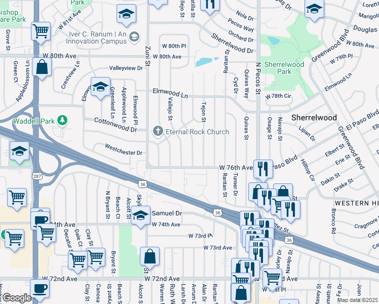 map of restaurants, bars, coffee shops, grocery stores, and more near 7657 Umatilla Street in Denver