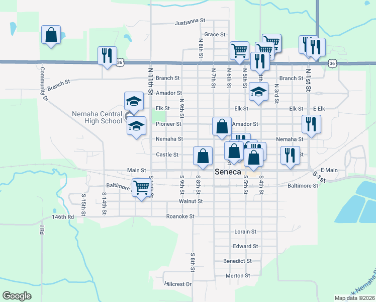 map of restaurants, bars, coffee shops, grocery stores, and more near 809 Castle Street in Seneca