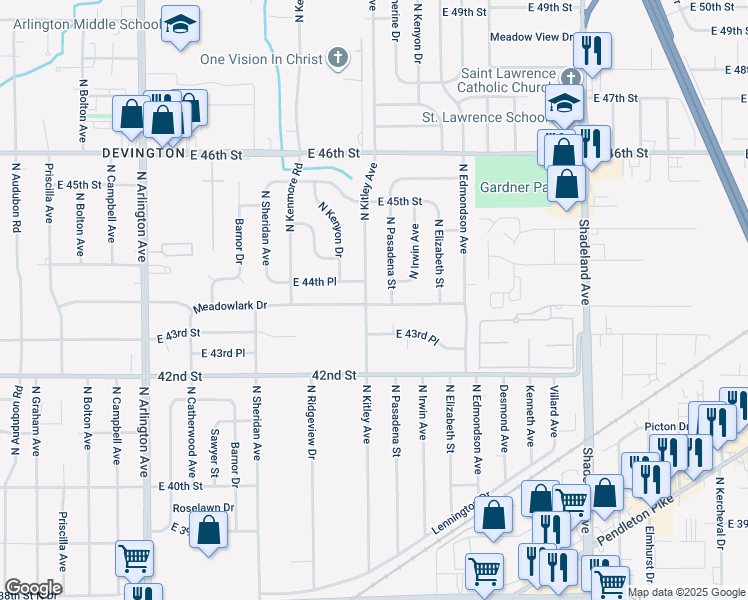 map of restaurants, bars, coffee shops, grocery stores, and more near 6602 Meadowlark Drive in Indianapolis