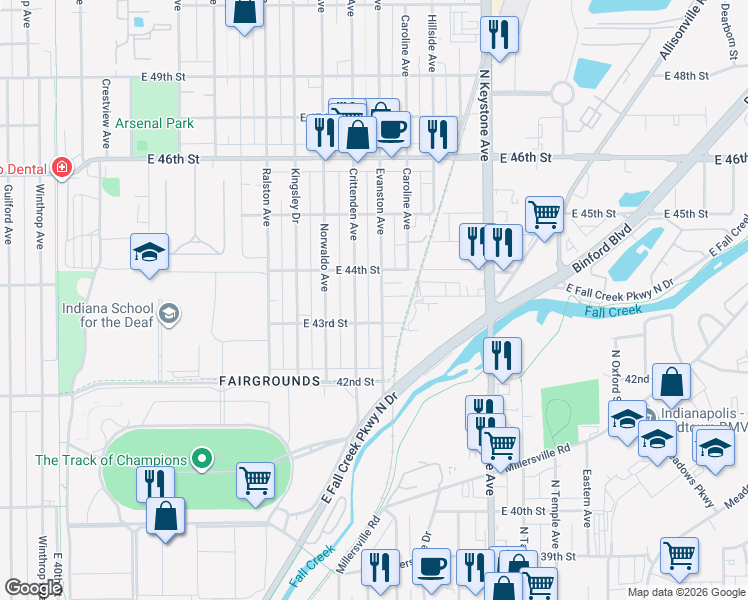 map of restaurants, bars, coffee shops, grocery stores, and more near 4324 Evanston Avenue in Indianapolis