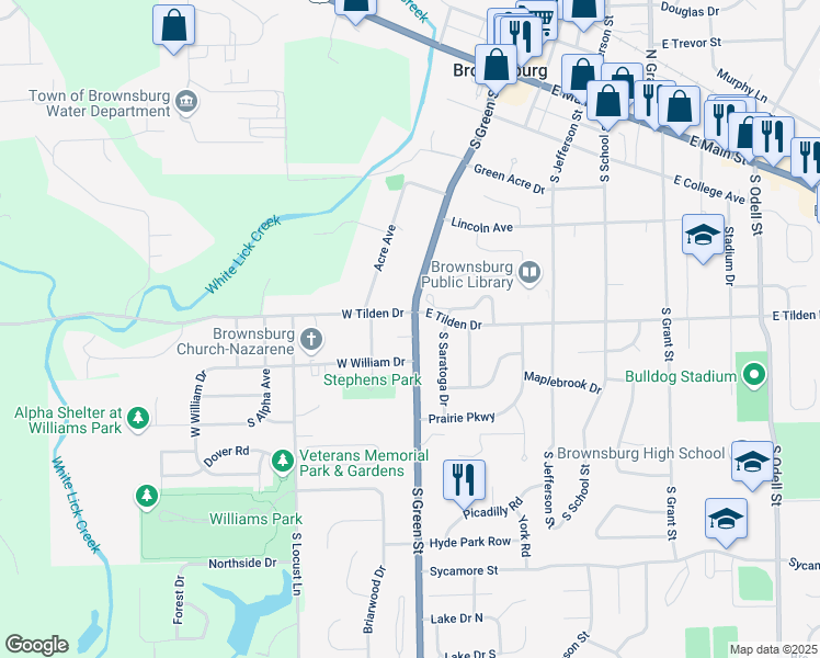map of restaurants, bars, coffee shops, grocery stores, and more near 506 South Green Street in Brownsburg