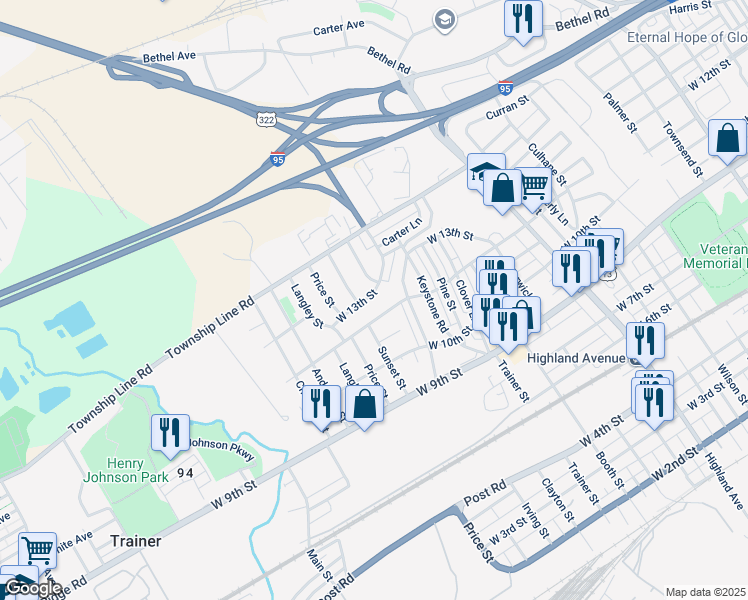 map of restaurants, bars, coffee shops, grocery stores, and more near 3519 West 13th Street in Trainer