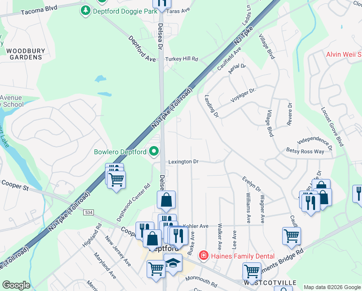 map of restaurants, bars, coffee shops, grocery stores, and more near 340 Arline Avenue in Woodbury