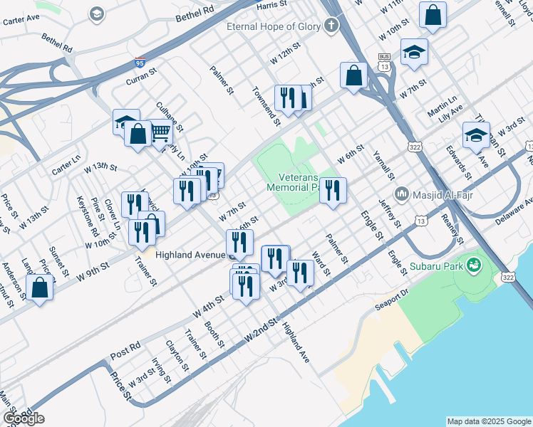 map of restaurants, bars, coffee shops, grocery stores, and more near 539 Wilson Street in Chester