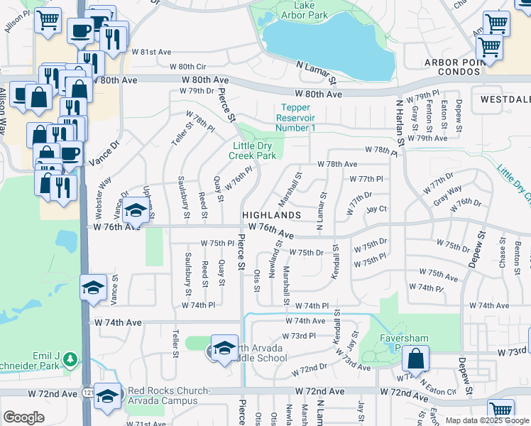 map of restaurants, bars, coffee shops, grocery stores, and more near 7624 Newland Street in Arvada