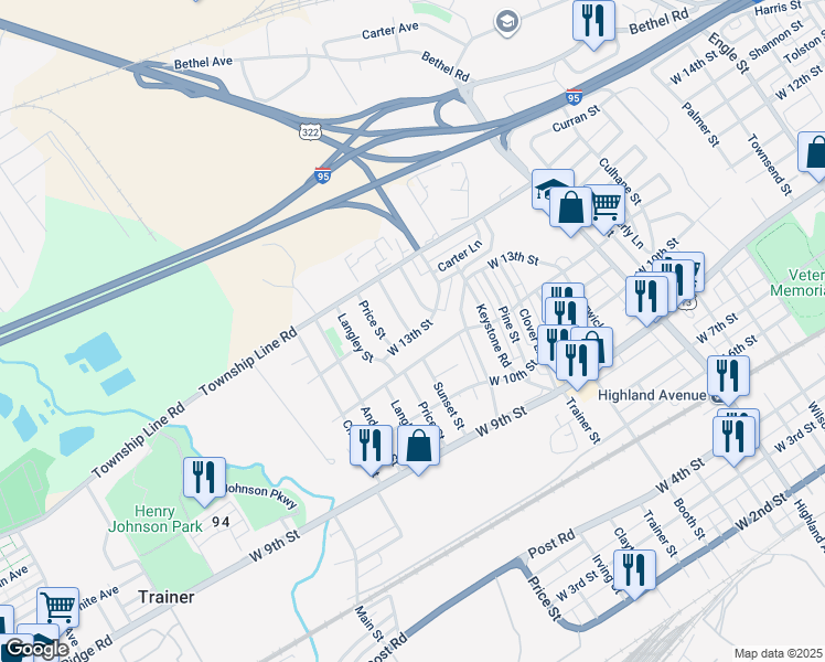 map of restaurants, bars, coffee shops, grocery stores, and more near 3601 West 13th Street in Trainer
