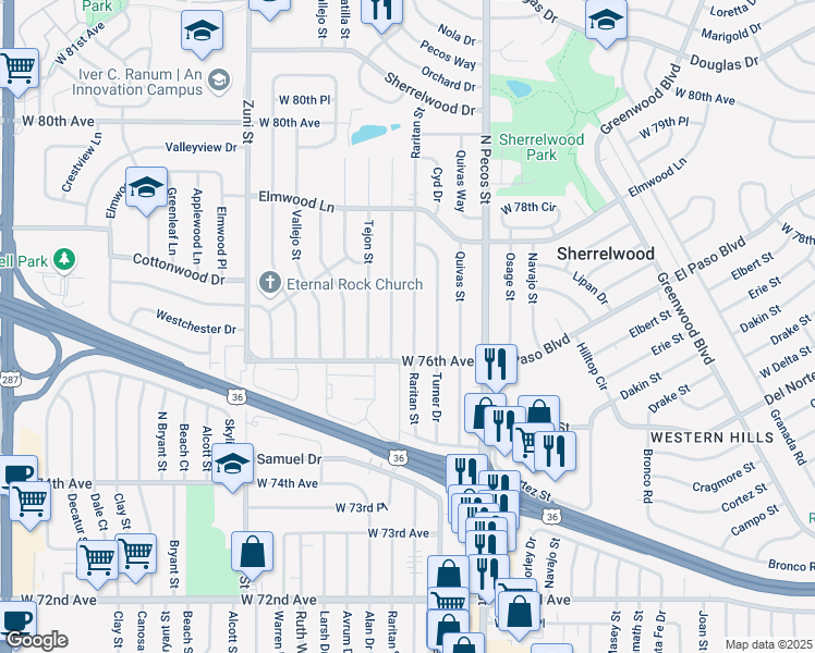 map of restaurants, bars, coffee shops, grocery stores, and more near 7653 Raritan Street in Denver