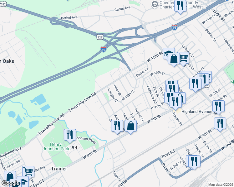 map of restaurants, bars, coffee shops, grocery stores, and more near 1326 Price Street in Trainer