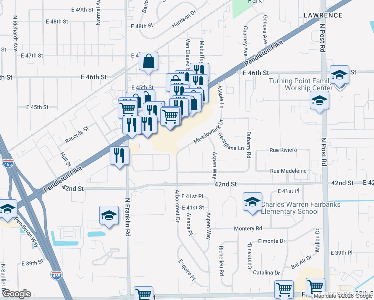 map of restaurants, bars, coffee shops, grocery stores, and more near 4314 Meadowlark Court in Indianapolis