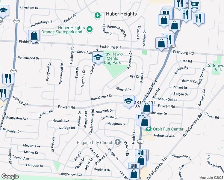 map of restaurants, bars, coffee shops, grocery stores, and more near 4970 Rye Drive in Dayton