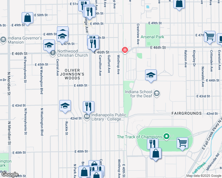 map of restaurants, bars, coffee shops, grocery stores, and more near 4349 Guilford Avenue in Indianapolis