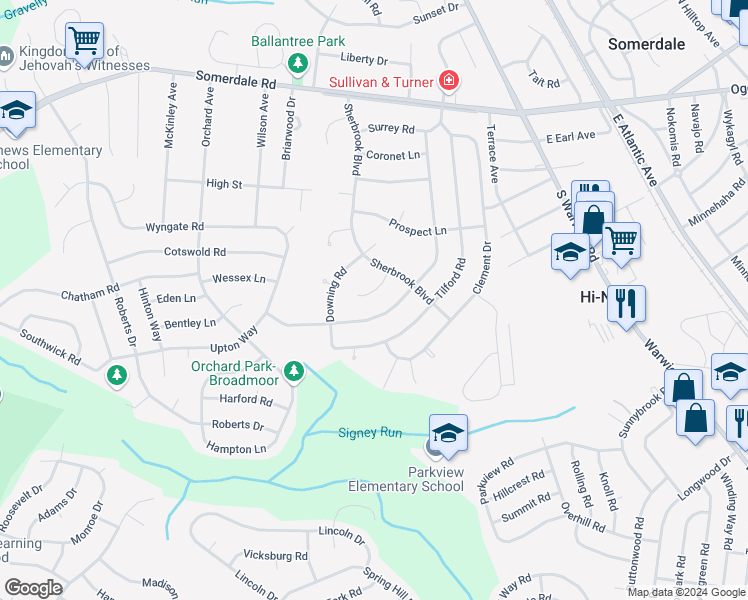 map of restaurants, bars, coffee shops, grocery stores, and more near 225 Orono Place in Somerdale