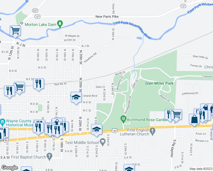 map of restaurants, bars, coffee shops, grocery stores, and more near 2302 Glen Court in Richmond