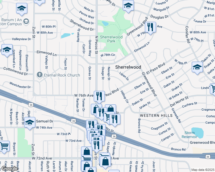 map of restaurants, bars, coffee shops, grocery stores, and more near 7653 Navajo Street in Denver