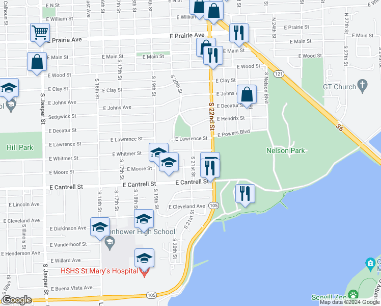 map of restaurants, bars, coffee shops, grocery stores, and more near 2099 East Whitmer Street in Decatur