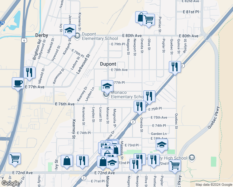 map of restaurants, bars, coffee shops, grocery stores, and more near 6540 East 77th Avenue in Commerce City