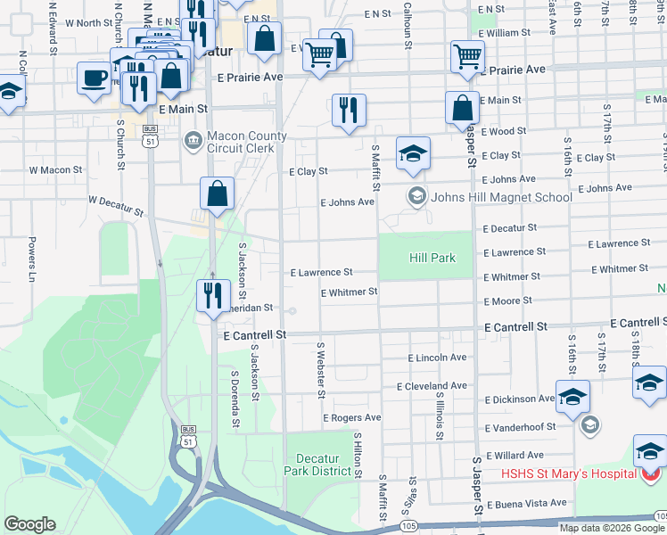map of restaurants, bars, coffee shops, grocery stores, and more near 722 East Lawrence Street in Decatur