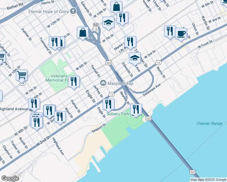 map of restaurants, bars, coffee shops, grocery stores, and more near 1920 West 2nd Street in Chester