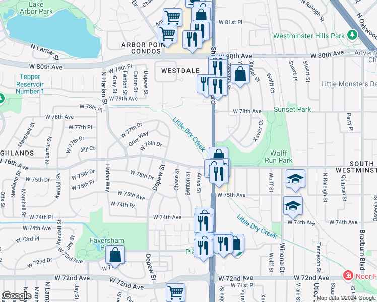 map of restaurants, bars, coffee shops, grocery stores, and more near 5423 West 76th Avenue in Arvada