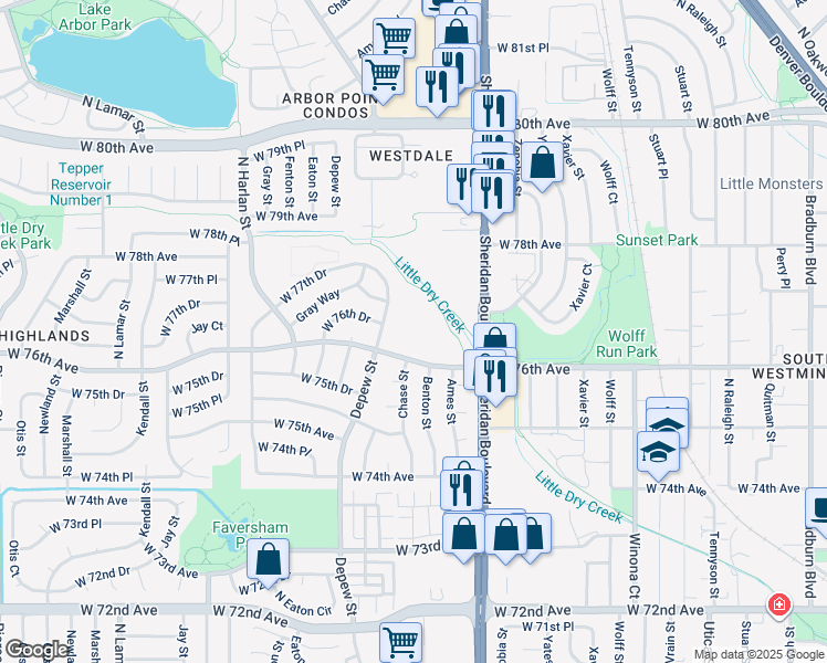 map of restaurants, bars, coffee shops, grocery stores, and more near 5423 West 76th Avenue in Arvada