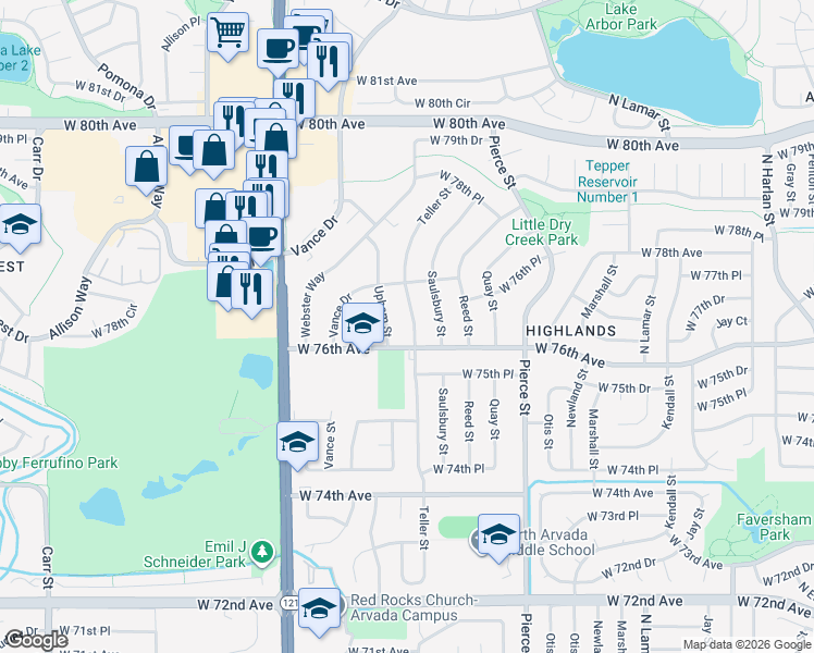 map of restaurants, bars, coffee shops, grocery stores, and more near 7620 Teller Street in Arvada