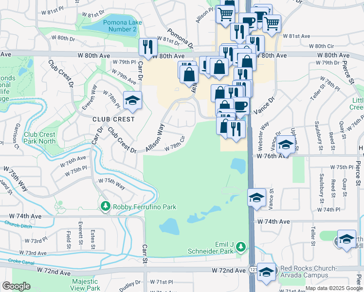 map of restaurants, bars, coffee shops, grocery stores, and more near 8038 West 78th Circle in Arvada