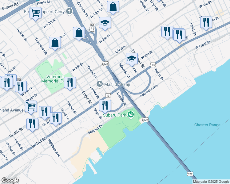 map of restaurants, bars, coffee shops, grocery stores, and more near 1920 West 2nd Street in Chester