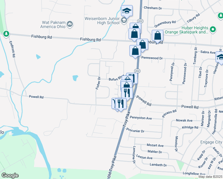 map of restaurants, bars, coffee shops, grocery stores, and more near 4610 Wayne Meadows Circle in Dayton