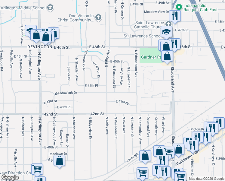 map of restaurants, bars, coffee shops, grocery stores, and more near 6602 Meadowlark Drive in Indianapolis