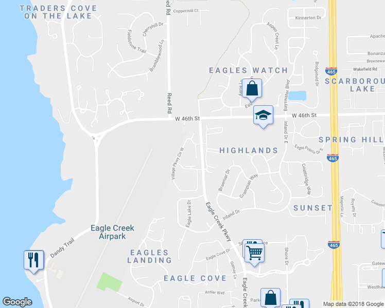map of restaurants, bars, coffee shops, grocery stores, and more near 4470 Village Lane in Indianapolis
