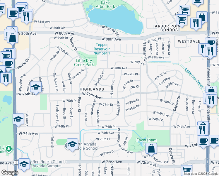map of restaurants, bars, coffee shops, grocery stores, and more near 7657 North Lamar Street in Arvada