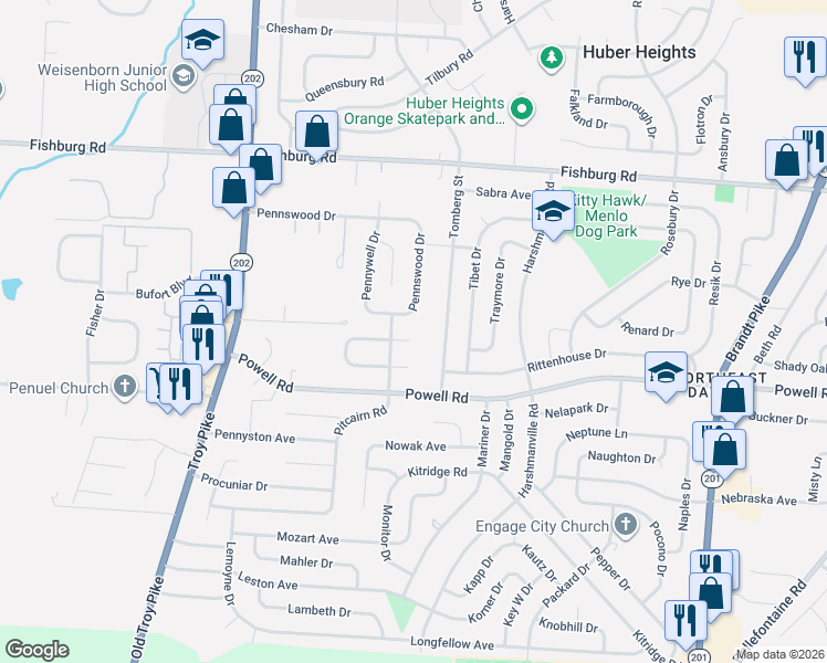 map of restaurants, bars, coffee shops, grocery stores, and more near 4713 Passaic Court in Dayton