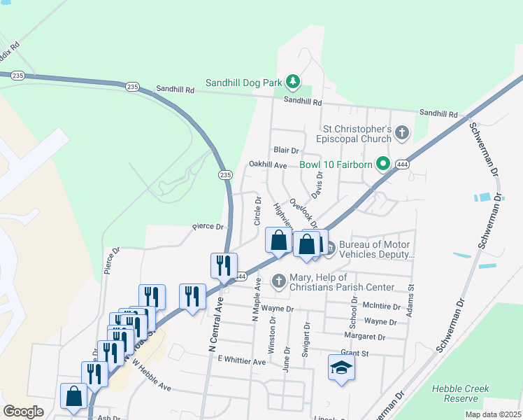 map of restaurants, bars, coffee shops, grocery stores, and more near 108 Circle Drive in Fairborn