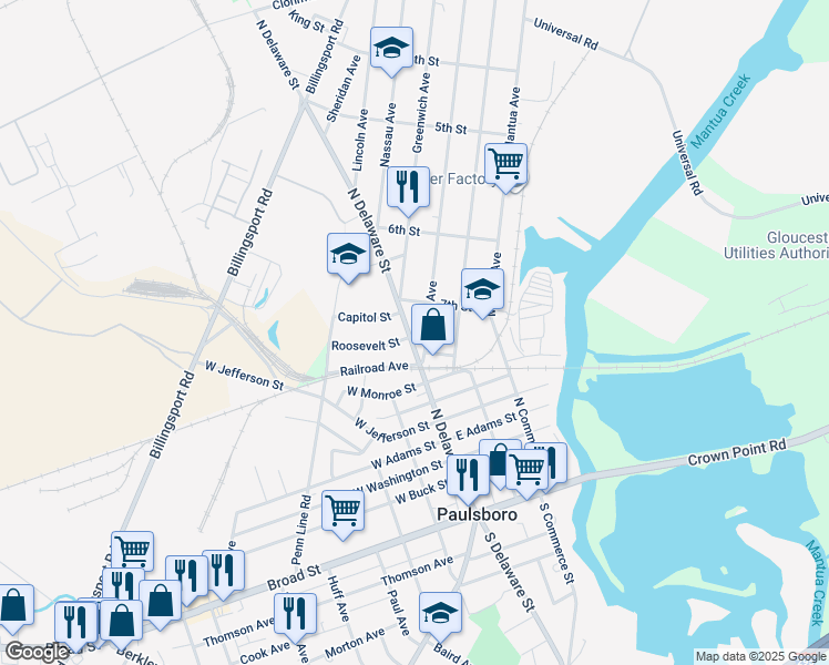 map of restaurants, bars, coffee shops, grocery stores, and more near 735 North Delaware Street in Paulsboro