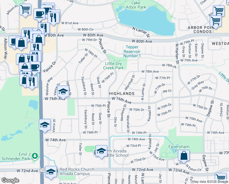 map of restaurants, bars, coffee shops, grocery stores, and more near 7602 Pierce Street in Arvada