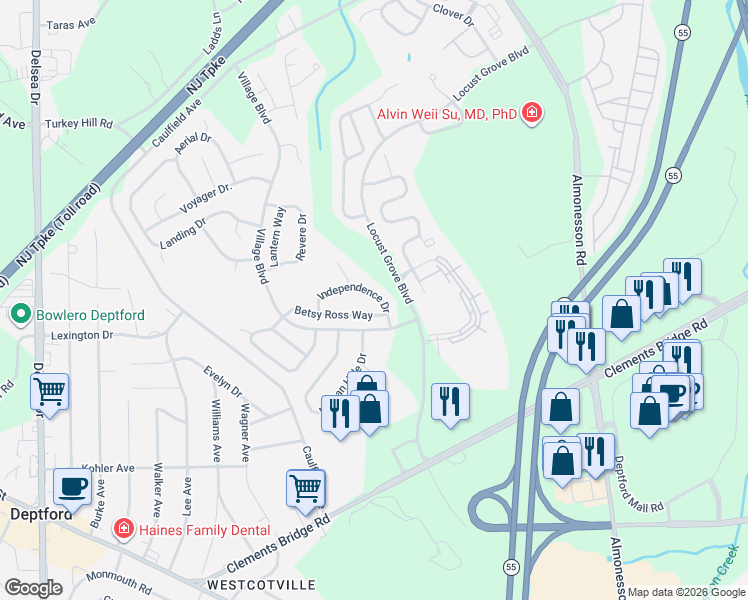map of restaurants, bars, coffee shops, grocery stores, and more near 144 Betsy Ross Way in Deptford