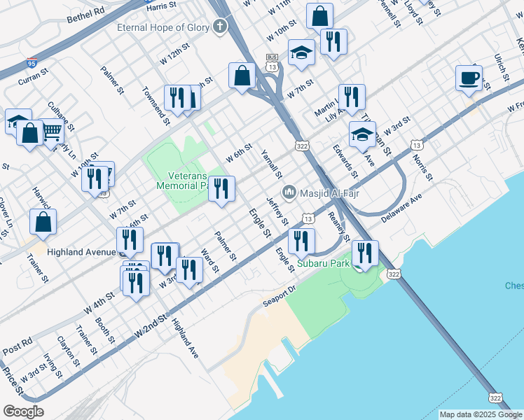 map of restaurants, bars, coffee shops, grocery stores, and more near 2120 West 3rd Street in Chester