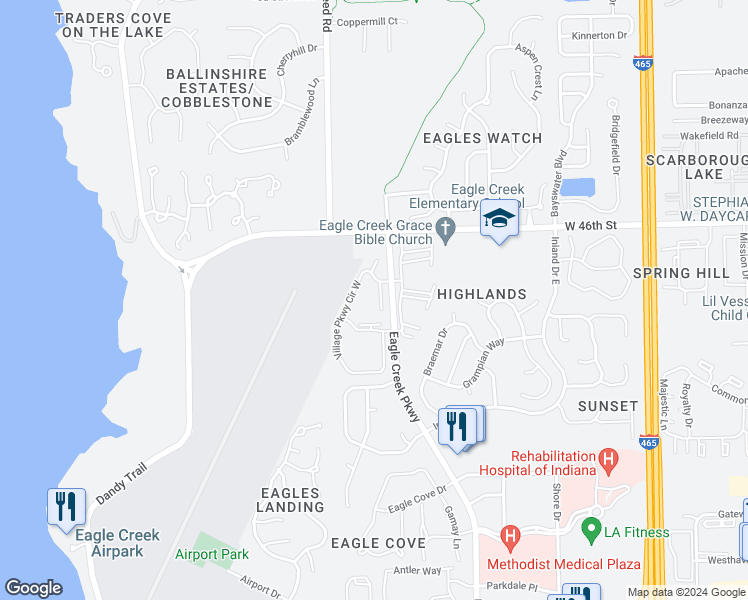map of restaurants, bars, coffee shops, grocery stores, and more near 4470 Village Lane in Indianapolis