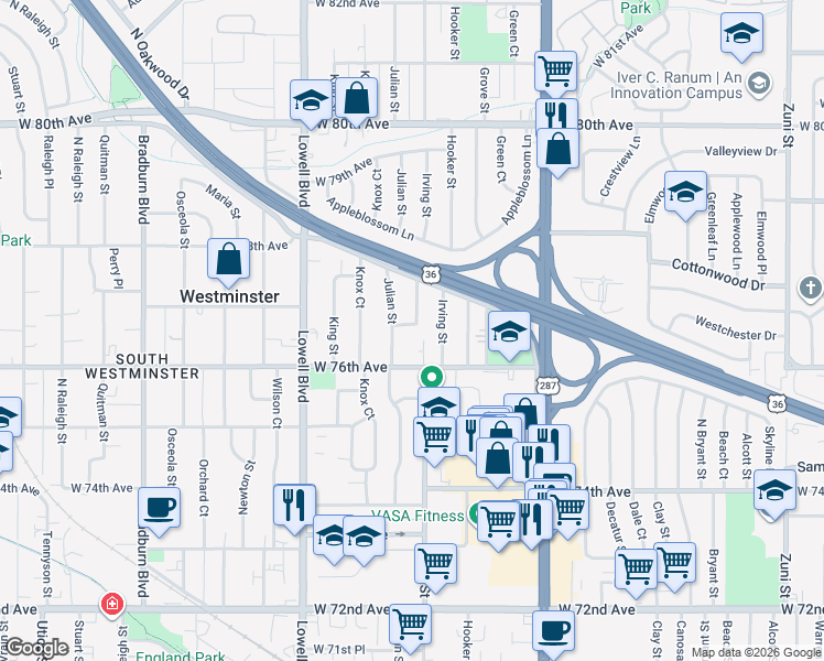 map of restaurants, bars, coffee shops, grocery stores, and more near 3350 James Way in Westminster