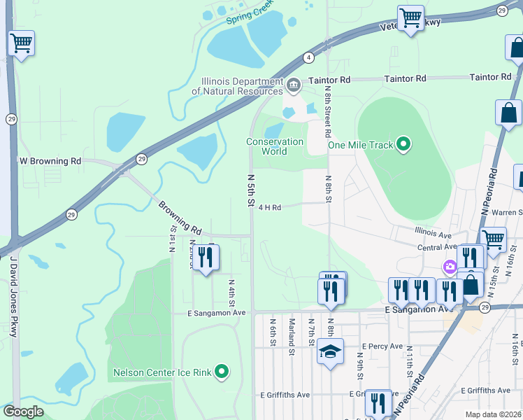 map of restaurants, bars, coffee shops, grocery stores, and more near 4 H Road in Springfield