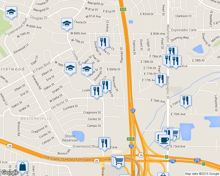 map of restaurants, bars, coffee shops, grocery stores, and more near 7658 Grace Place in Denver