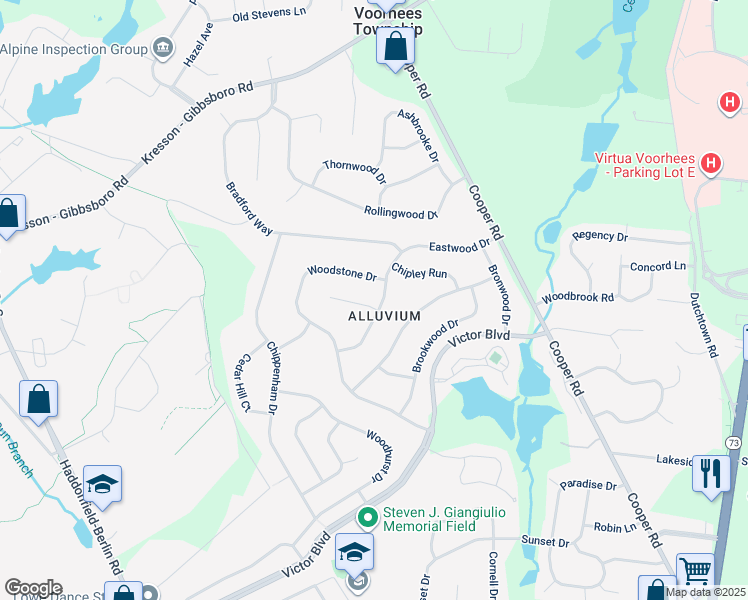 map of restaurants, bars, coffee shops, grocery stores, and more near 27 Eastwood Drive in Voorhees Township