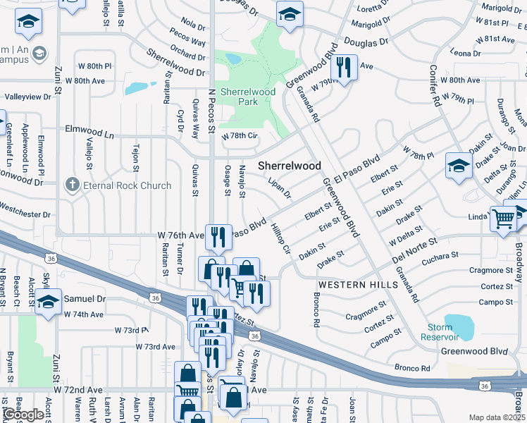 map of restaurants, bars, coffee shops, grocery stores, and more near 7656 El Paso Circle in Denver